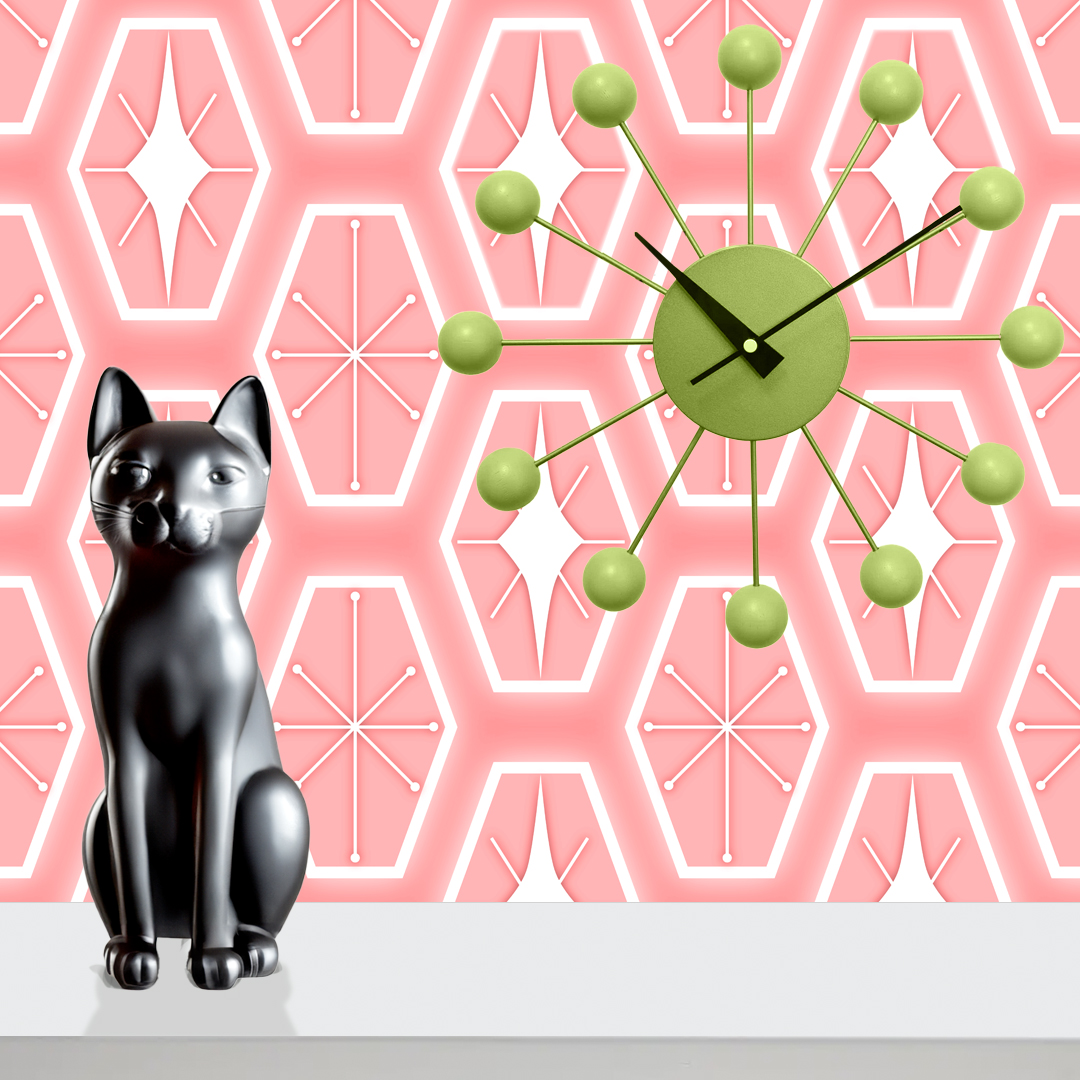 An abstract composition featuring irregular, rounded shapes in vibrant colors. The main colors include bright green, lime green, turquoise, and dark blue, all separated by white, jagged outlines. The shapes overlap and intersect dynamically, forming an energetic and playful pattern. The overall texture has a fabric-like appearance with subtle horizontal and vertical lines running through the colors.
